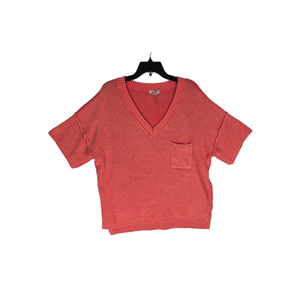 Sundance Sweater Womens L V-Neck Short Sleeve Coral Pink Cotton Knit Earthy